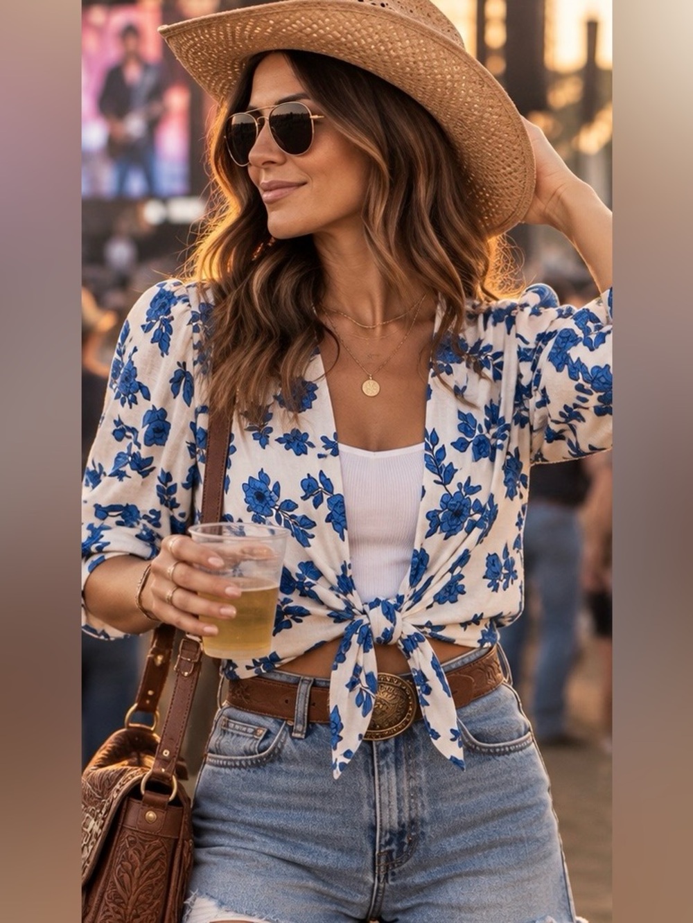 Midnight Sky Blue Floral Linen Blend Tie Front Blouse Top M